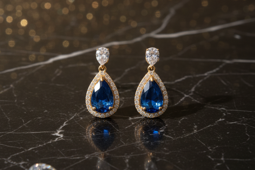 Teardrop-shaped blue gemstone earrings on a reflective surface with a glittery background